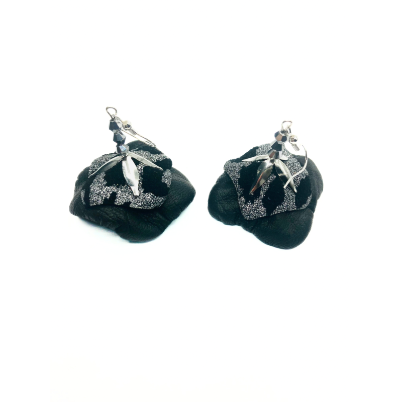 Cercei Handmade din Piele Naturala Negru-Gri Fantasy 1 – Cercei