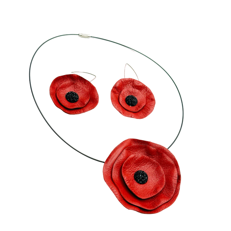 Set Colier + Cercei Handmade din Piele Naturala Rosie Maci – Cercei