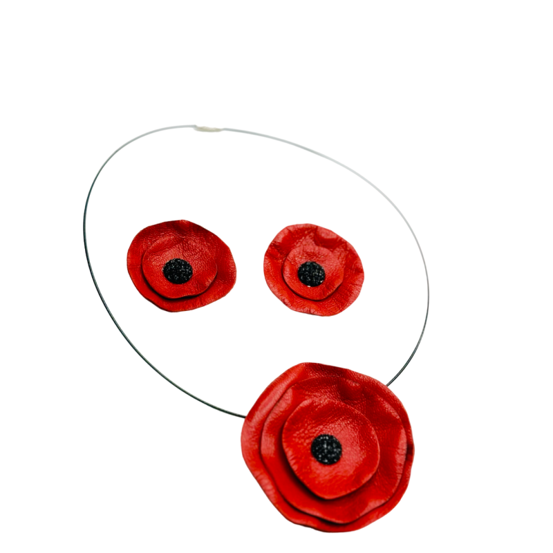 Set Colier + Cercei Handmade din Piele Naturala Rosie Maci – Cercei