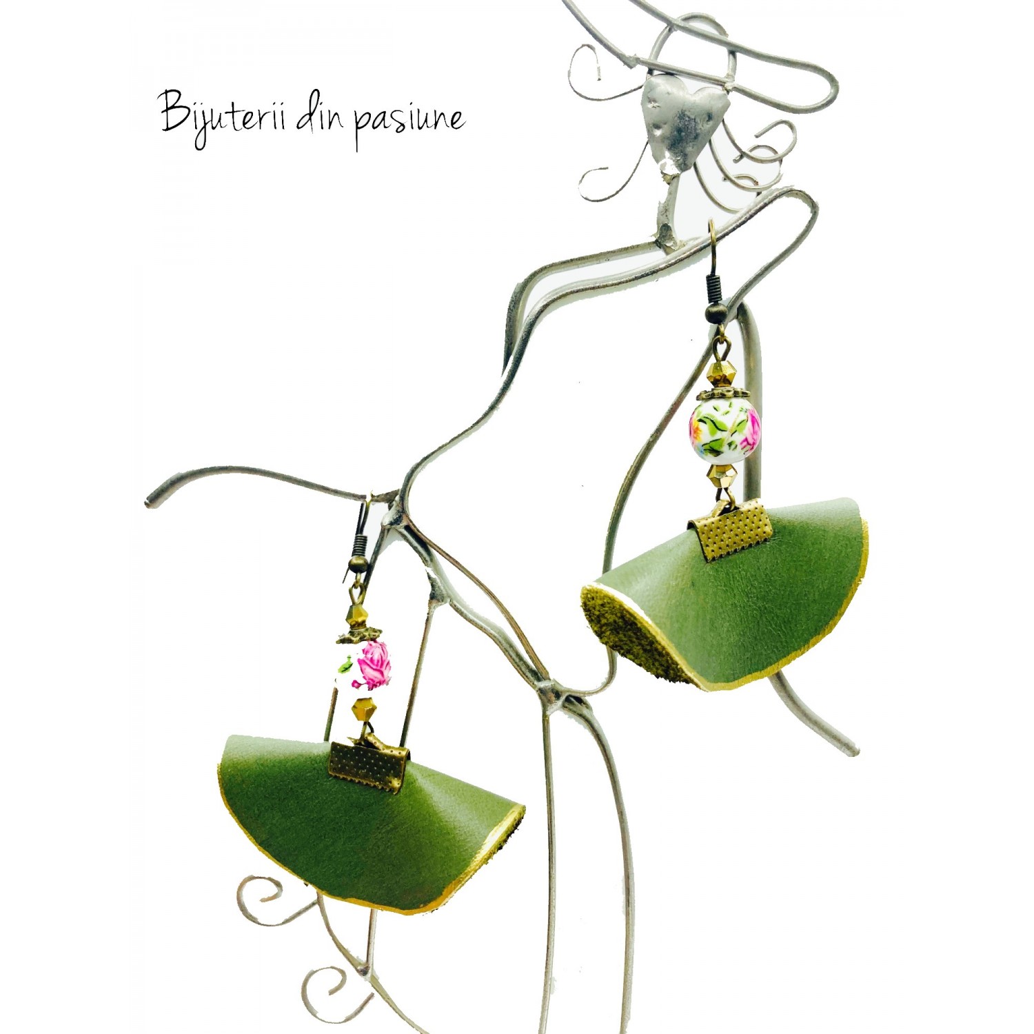 Cercei Handmade din Piele Naturala Verde Vintage Doll – Cercei