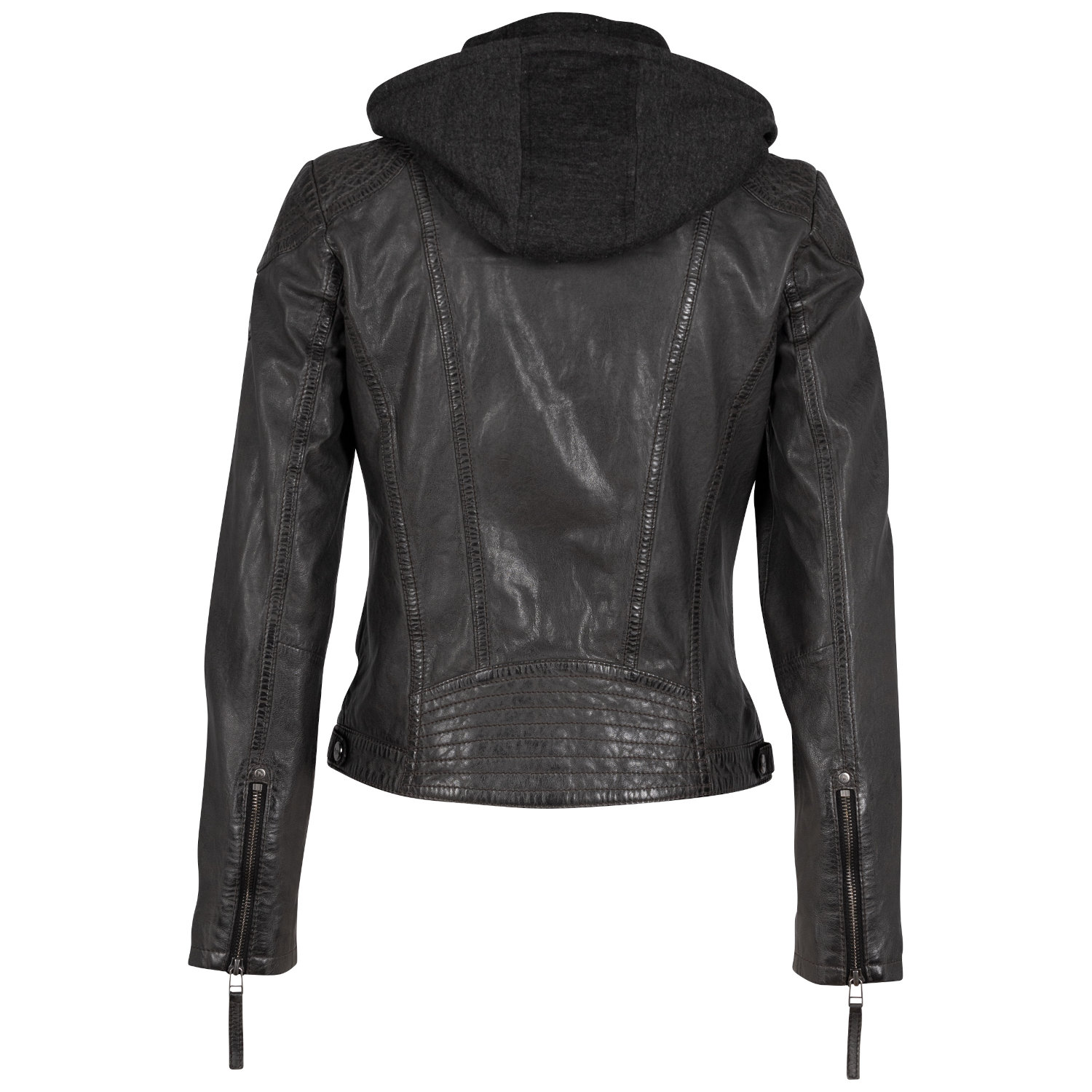 geaca de piele dama antracit Mauritius Cacey cu gluga detasabila model biker