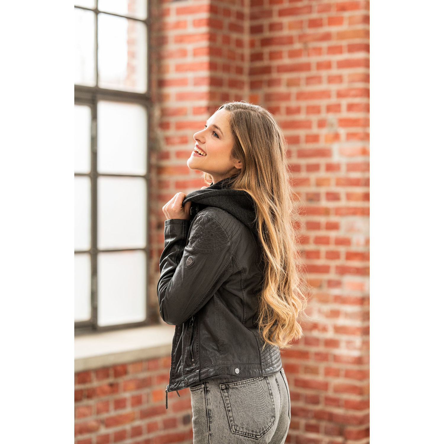 geaca de piele dama antracit Mauritius Cacey cu gluga detasabila model biker