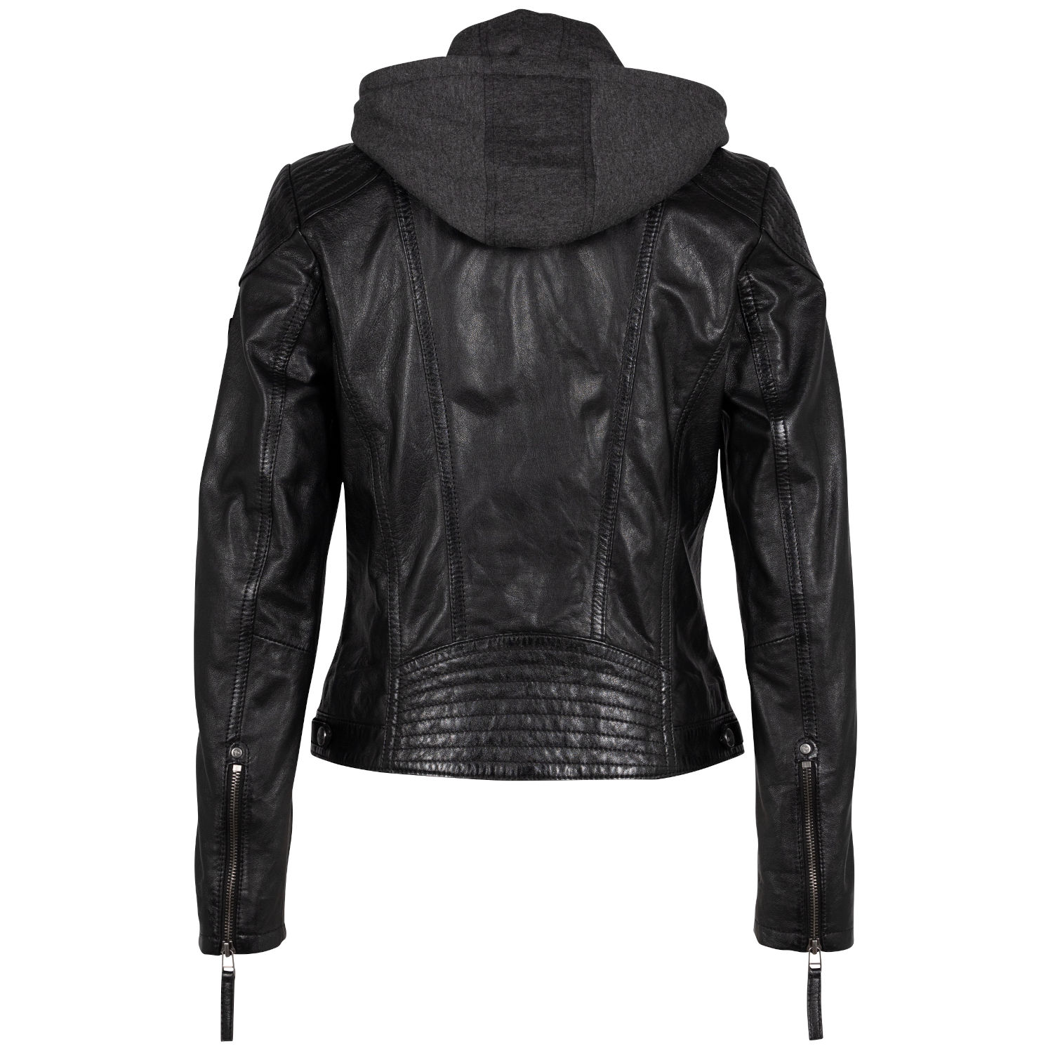 geaca de piele dama neagra Mauritius Cacey cu gluga detasabila model biker