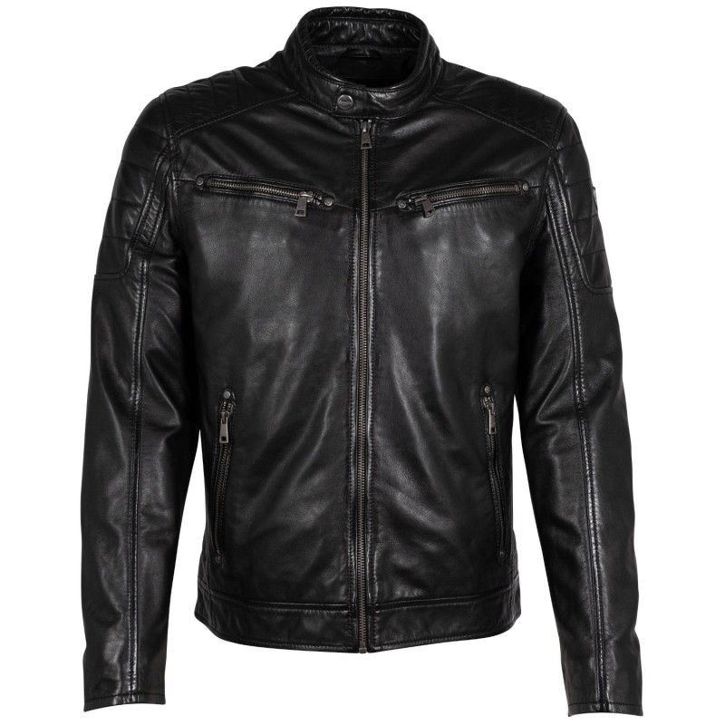 geaca de piele barbati mauritius gbderry neagra model biker