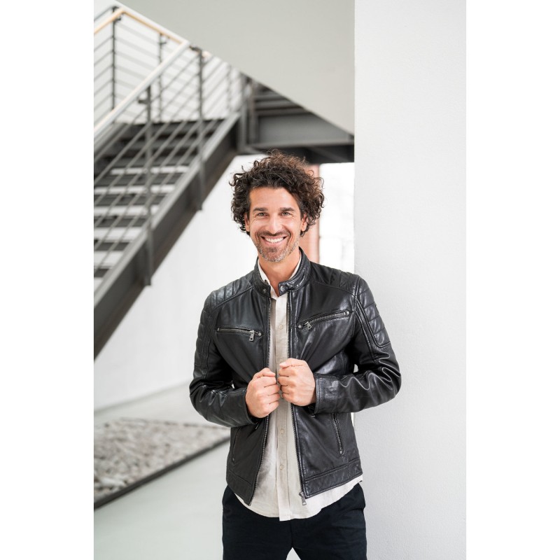 geaca de piele barbati mauritius gbderry neagra model biker