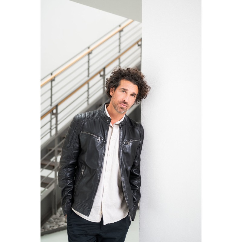 geaca de piele barbati mauritius gbderry neagra model biker