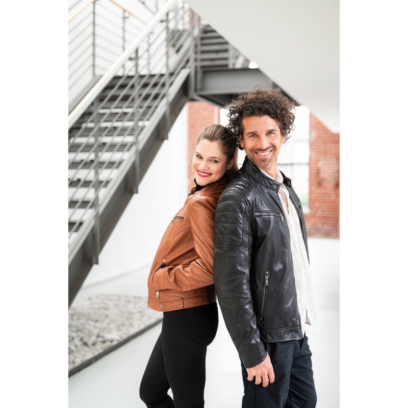 geaca de piele barbati mauritius gbderry neagra model biker