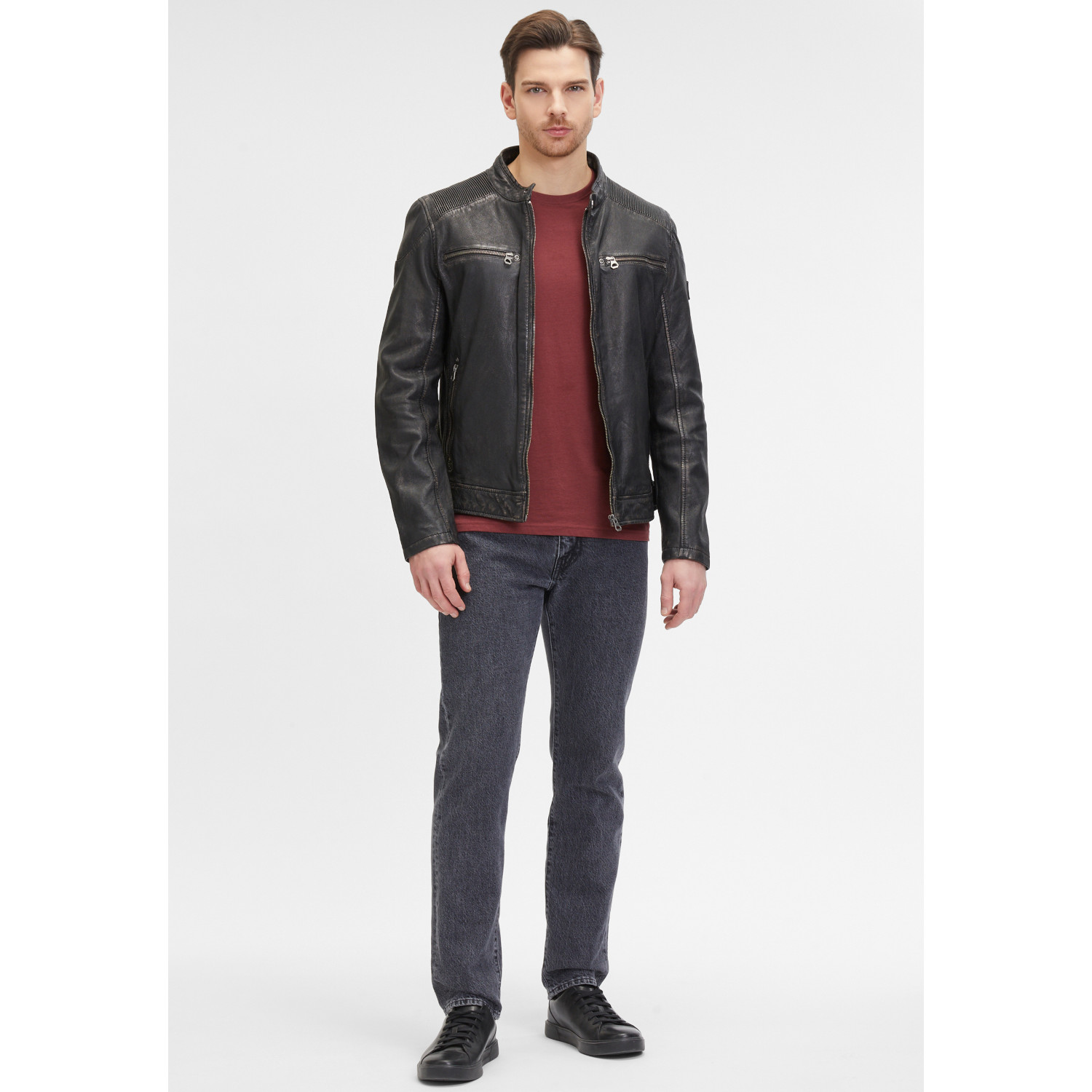 Geaca de Piele Barbati Mauritius Negru/Bej GMDerran 2 – Black Friday