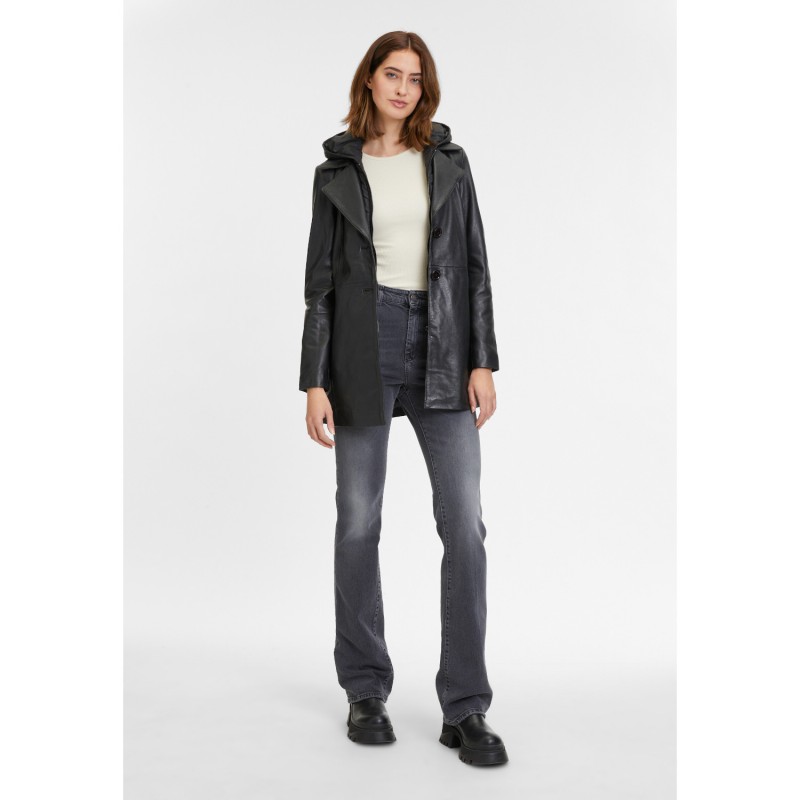 Geaca Lungă de Piele Dama Mauritius Neagra GWAurela – Geci de Piele