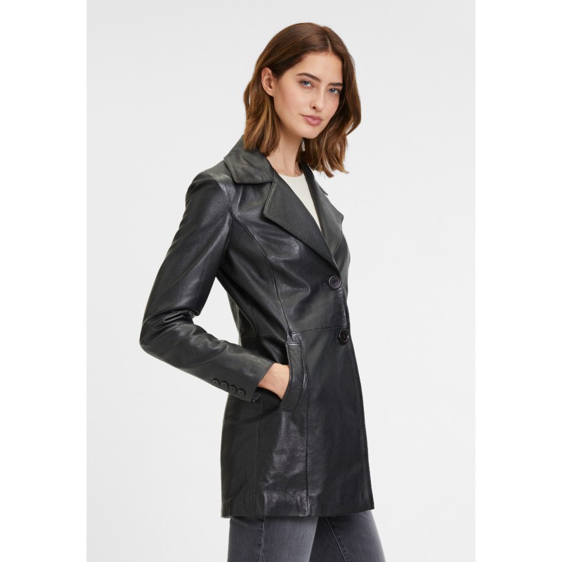 Geaca Lungă de Piele Dama Mauritius Neagra GWAurela – Geci de Piele