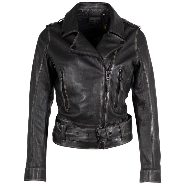 Geacă pentru femei 2.0 by Mauritius 2Wmelin, negru vintage – biker cu fermoar asimetric și guler cu rever cu capse decorative — fotografia 3