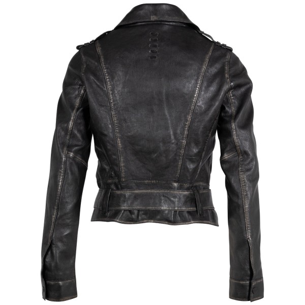 Geacă pentru femei 2.0 by Mauritius 2Wmelin, negru vintage – biker cu fermoar asimetric și guler cu rever cu capse decorative — fotografia 4