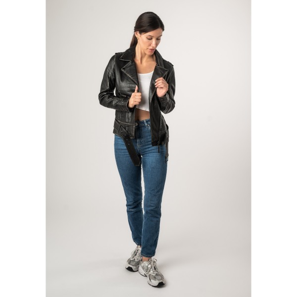 Geacă pentru femei 2.0 by Mauritius 2Wmelin, negru vintage – biker cu fermoar asimetric și guler cu rever cu capse decorative — fotografia 5