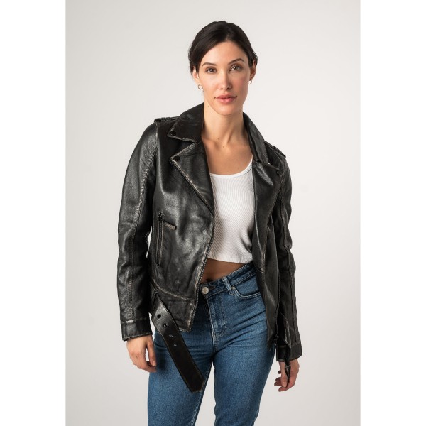 Geacă pentru femei 2.0 by Mauritius 2Wmelin, negru vintage – biker cu fermoar asimetric și guler cu rever cu capse decorative — fotografia 6