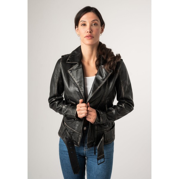 Geacă pentru femei 2.0 by Mauritius 2Wmelin, negru vintage – biker cu fermoar asimetric și guler cu rever cu capse decorative — fotografia 7