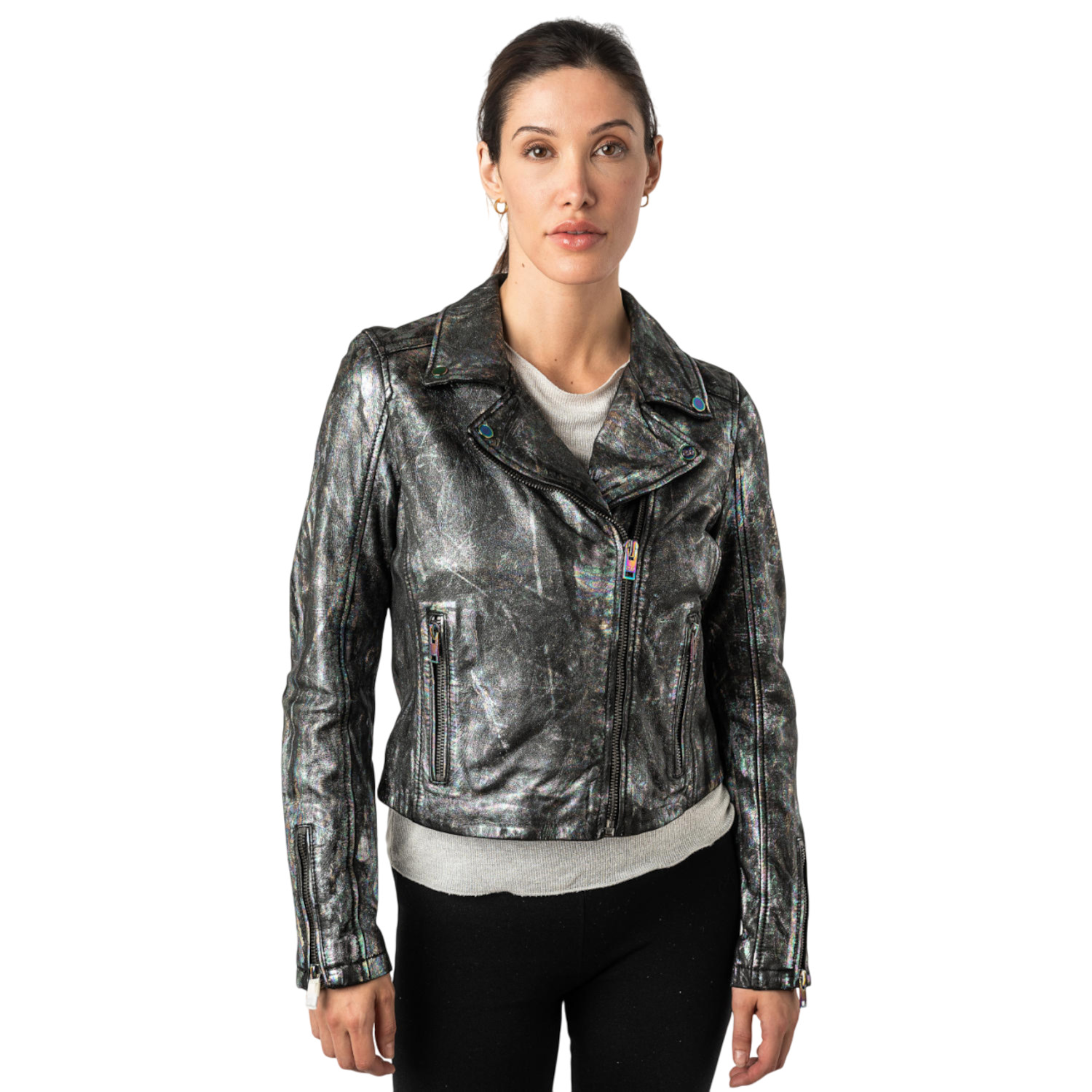 Geaca de Piele Dama 2.0 by Mauritius Negru/Holografic 2Wnishell – Geci de Piele