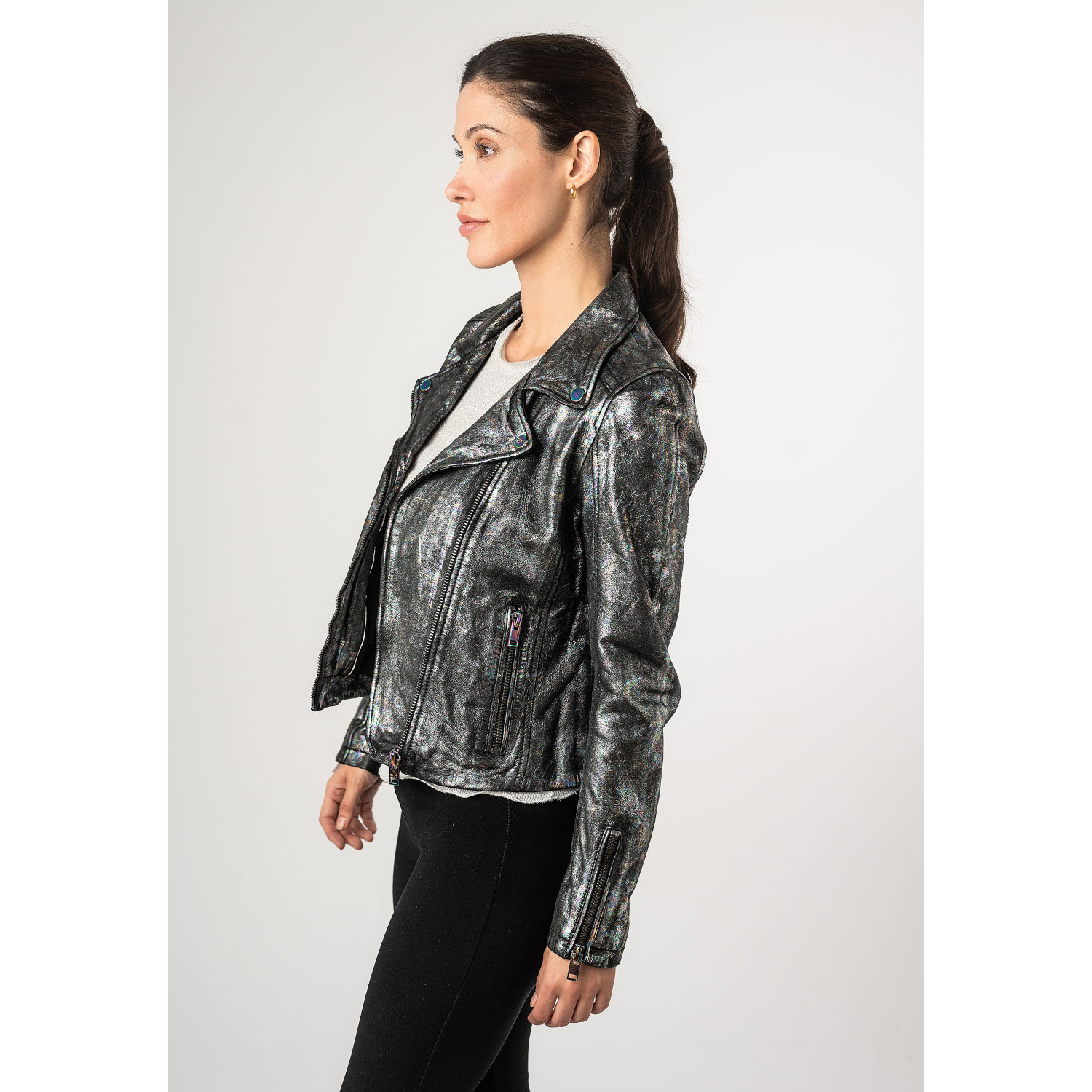 Geaca de Piele Dama 2.0 by Mauritius Negru/Holografic 2Wnishell – Geci de Piele