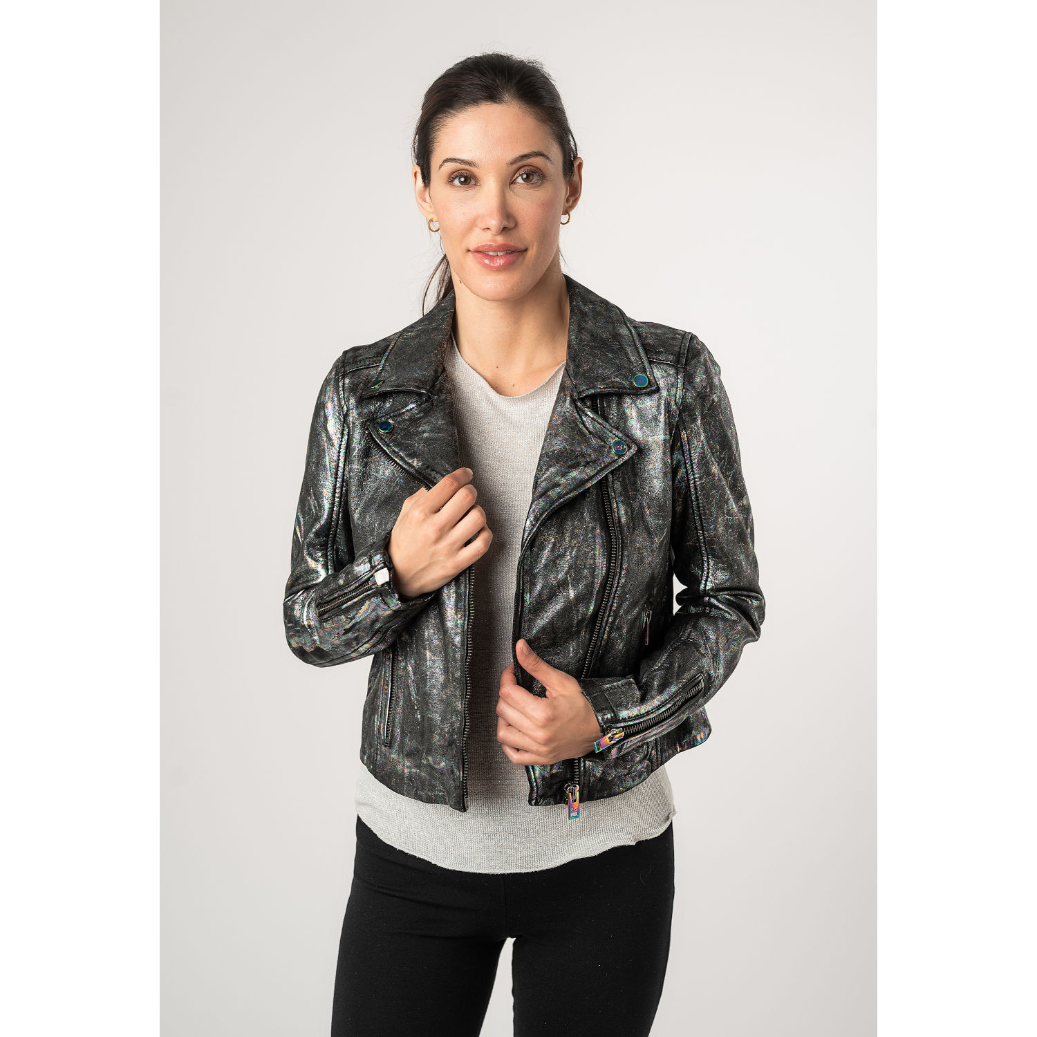 Geaca de Piele Dama 2.0 by Mauritius Negru/Holografic 2Wnishell – Geci de Piele