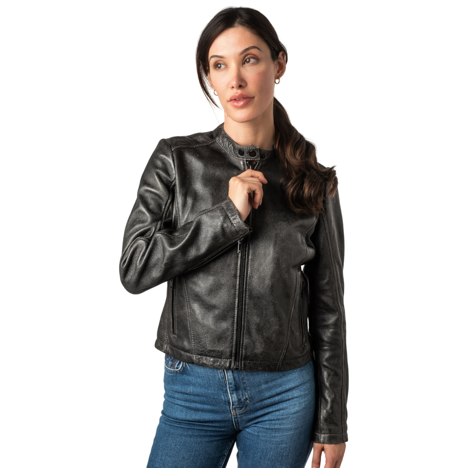 2WRayla 2.0 by Mauritius – Geacă piele gri vintage Slim Fit Geacă de piele damă gri vintage 2.0 by Mauritius 2WRayla cu șireturi laterale