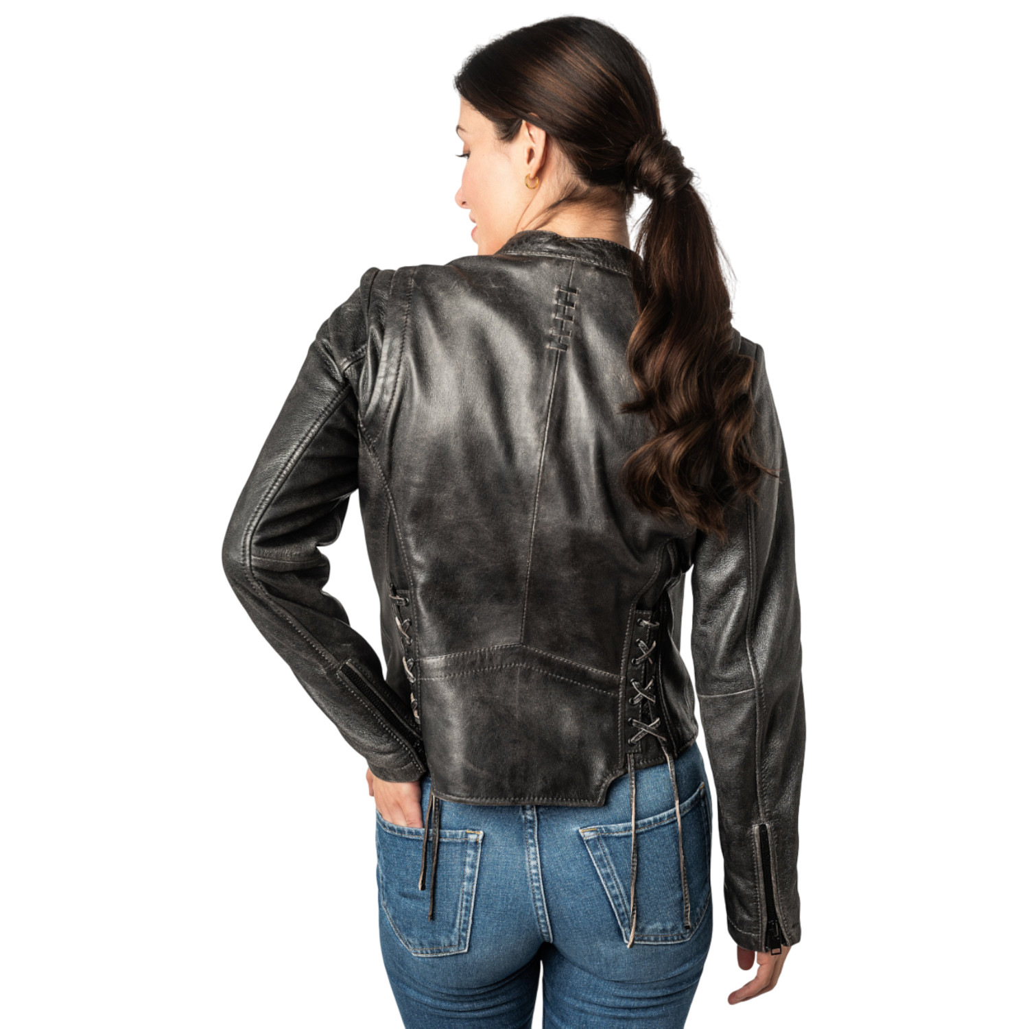 2WRayla 2.0 by Mauritius – Geacă piele gri vintage Slim Fit Geacă de piele damă gri vintage 2.0 by Mauritius 2WRayla cu șireturi laterale