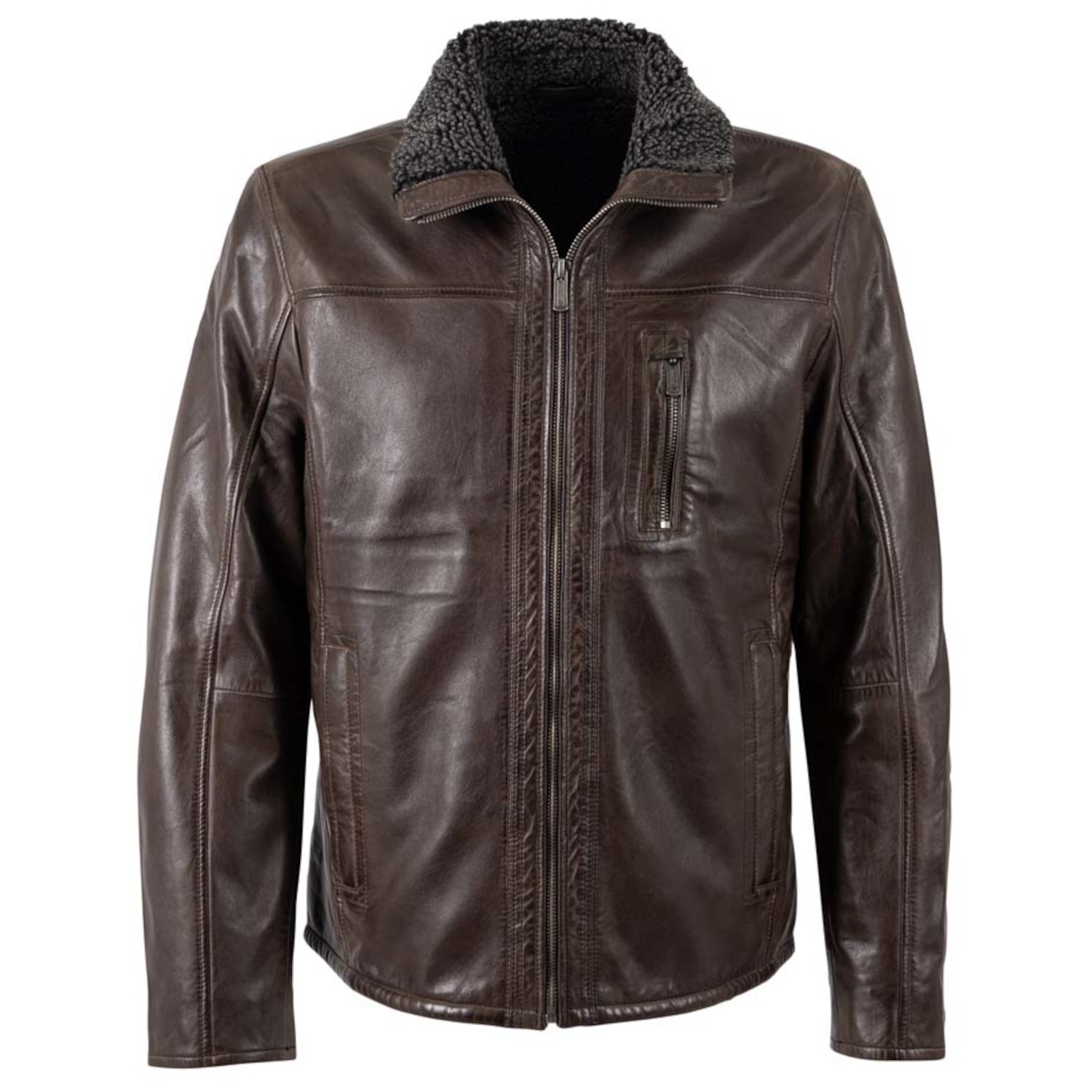 Geaca de Piele Barbati Deercraft Maro Inchis DMNaotis – Geci de Piele Geacă de piele bărbați Deercraft DMNaotis maro închis căptușită cu guler îmblănit