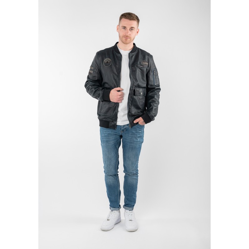 Geaca de piele barbati Mauritius MMAirpilot albastru denim stil aviator din piele naturala