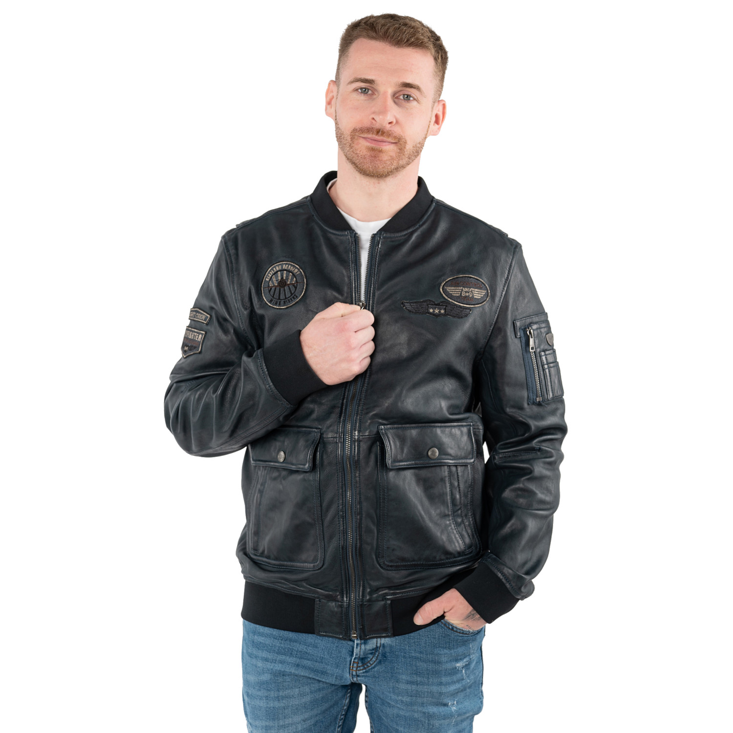 Geaca de piele barbati Mauritius MMAirpilot albastru denim stil aviator din piele naturala