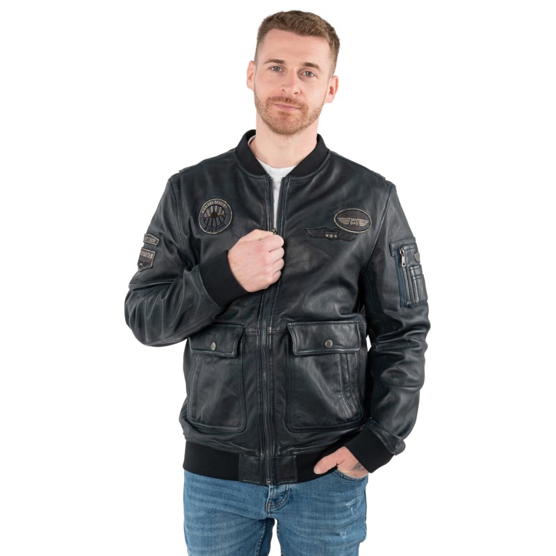 Geaca de piele barbati Mauritius MMAirpilot albastru denim stil aviator din piele naturala