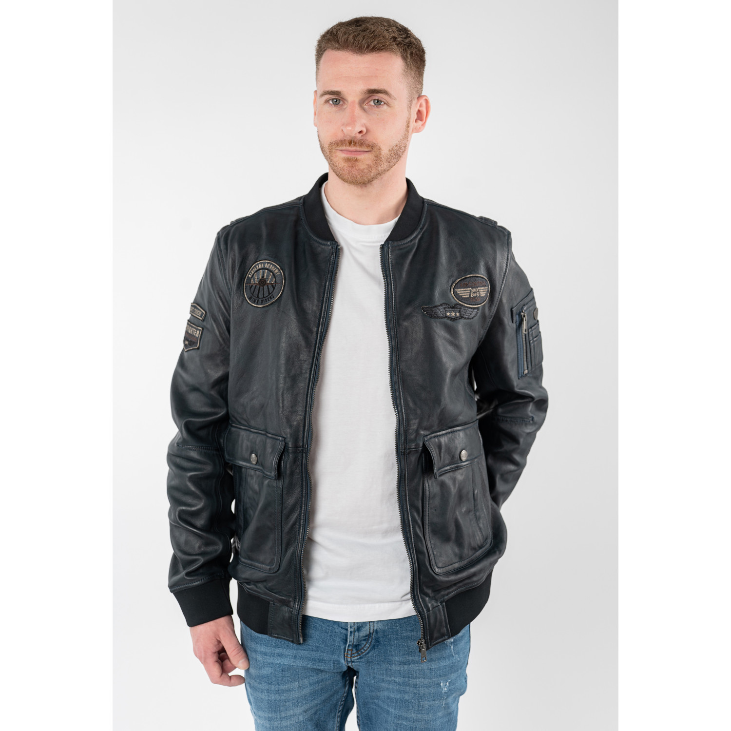 Geaca de piele barbati Mauritius MMAirpilot albastru denim stil aviator din piele naturala