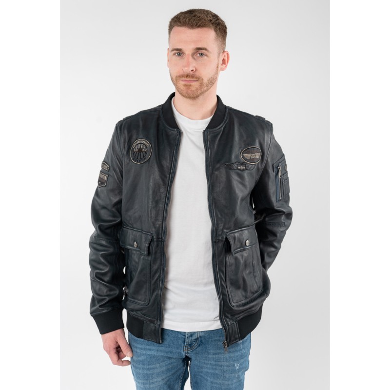 Geaca de piele barbati Mauritius MMAirpilot albastru denim stil aviator din piele naturala