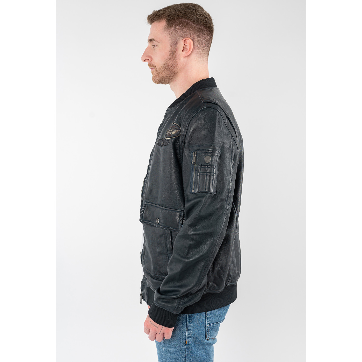 Geaca de piele barbati Mauritius MMAirpilot albastru denim stil aviator din piele naturala