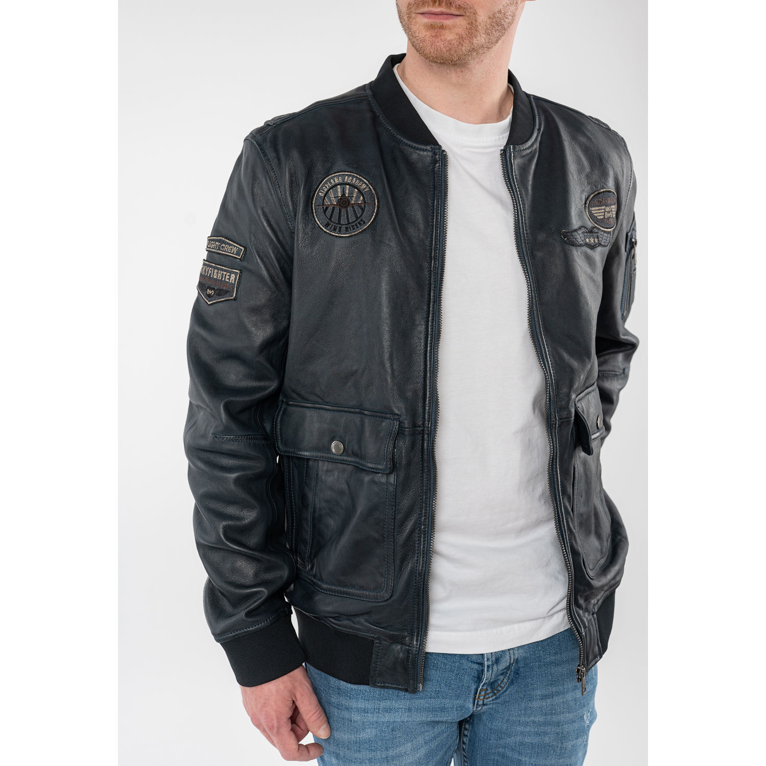 Geaca de piele barbati Mauritius MMAirpilot albastru denim stil aviator din piele naturala