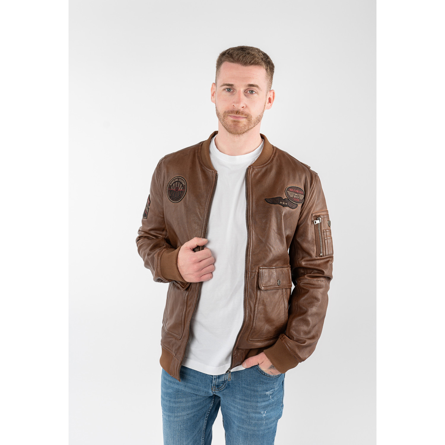 Geaca de piele barbati Mauritius MMAirpilot coniac stil aviator din piele naturala