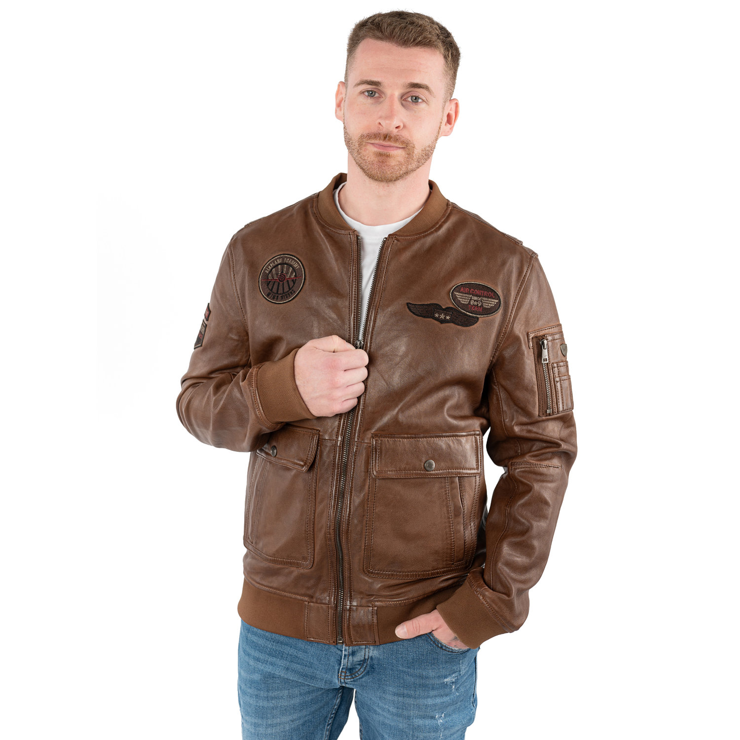 Geaca de Piele Barbati Mauritius Coniac MMAirpilot – model aviator bomber Geaca de piele barbati Mauritius MMAirpilot coniac stil aviator din piele naturala