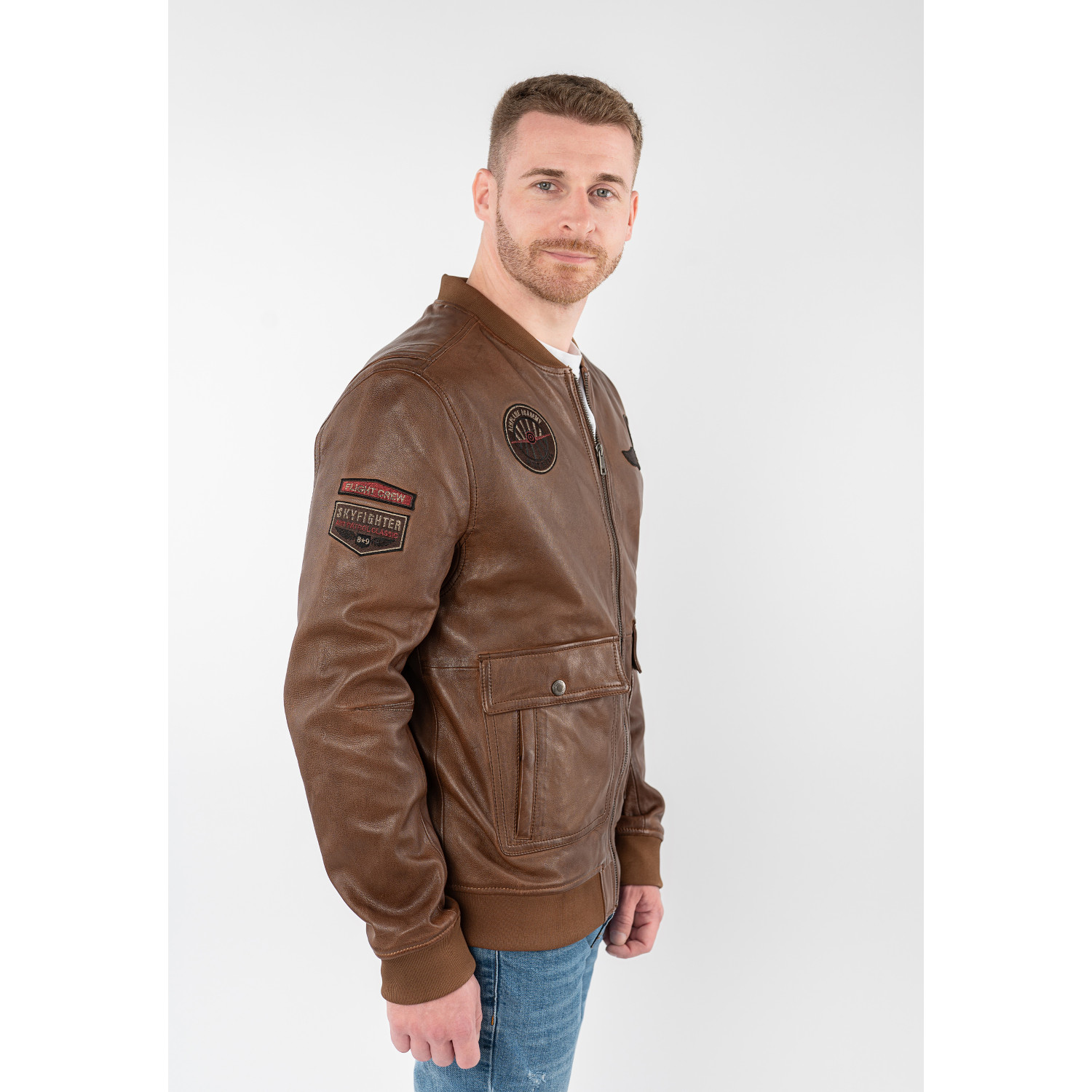 Geaca de Piele Barbati Mauritius Coniac MMAirpilot – model aviator bomber Geaca de piele barbati Mauritius MMAirpilot coniac stil aviator din piele naturala