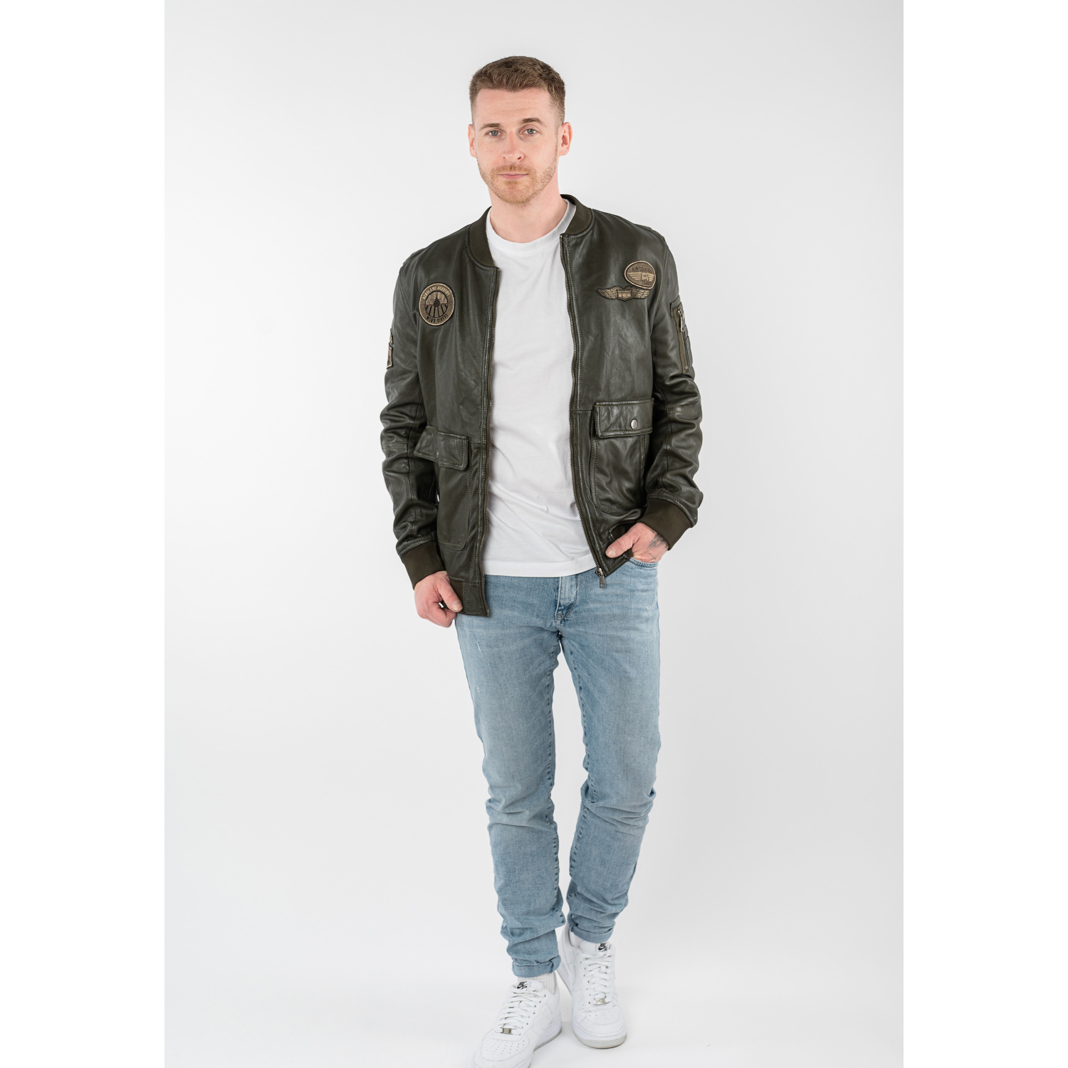 Mauritius MMAirpilot – geacă de piele naturală verde militar aviator geacă de piele bărbați Mauritius MMAirpilot verde militar stil aviator