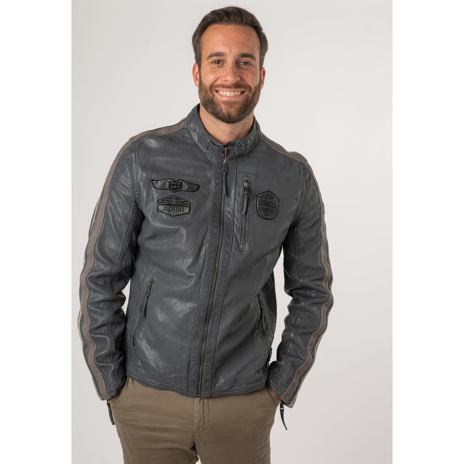 Geaca de Piele Barbati Mauritius Albastru Deschis MMAlecso – Black Friday