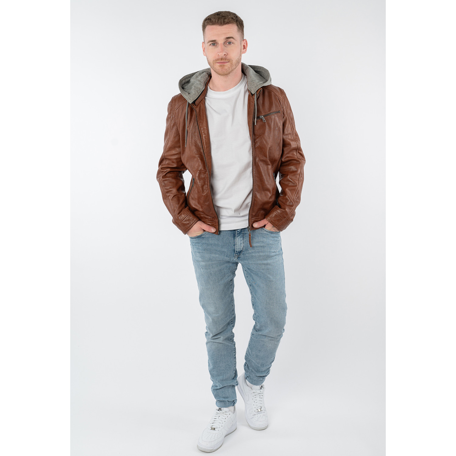 geacă de piele coniac închis bărbați Mauritius MMBarlo cu glugă detașabilă stil biker