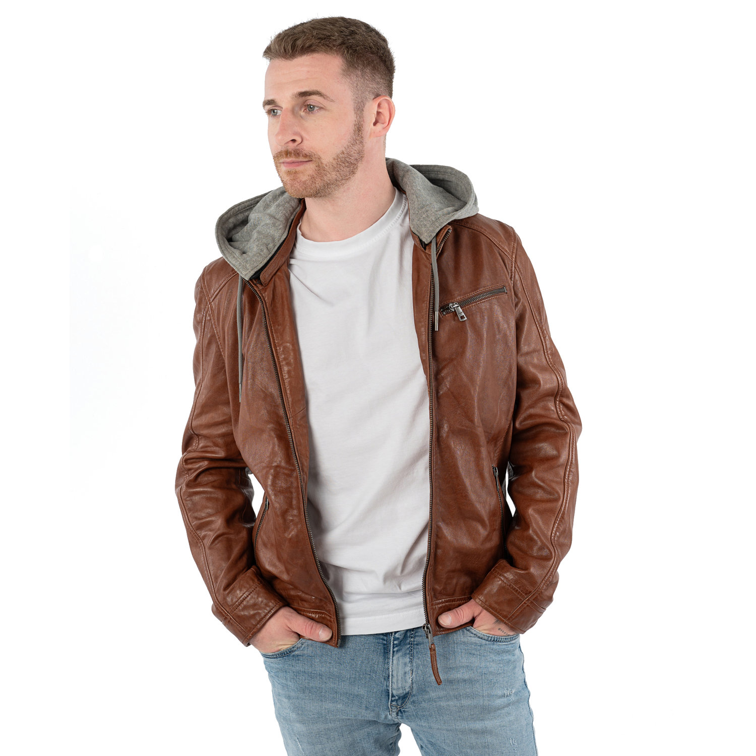 geacă de piele coniac închis bărbați Mauritius MMBarlo cu glugă detașabilă stil biker