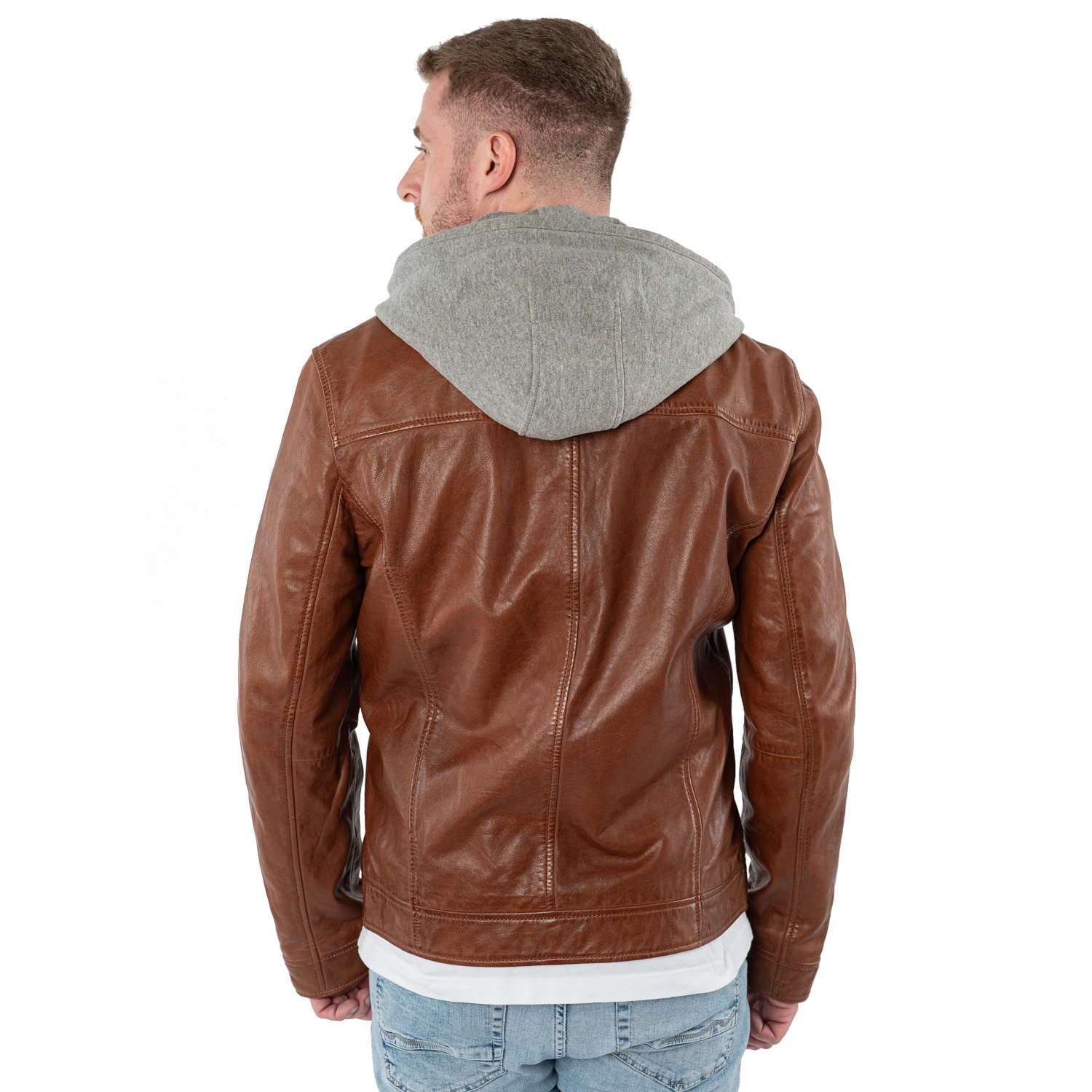 geacă de piele coniac închis bărbați Mauritius MMBarlo cu glugă detașabilă stil biker