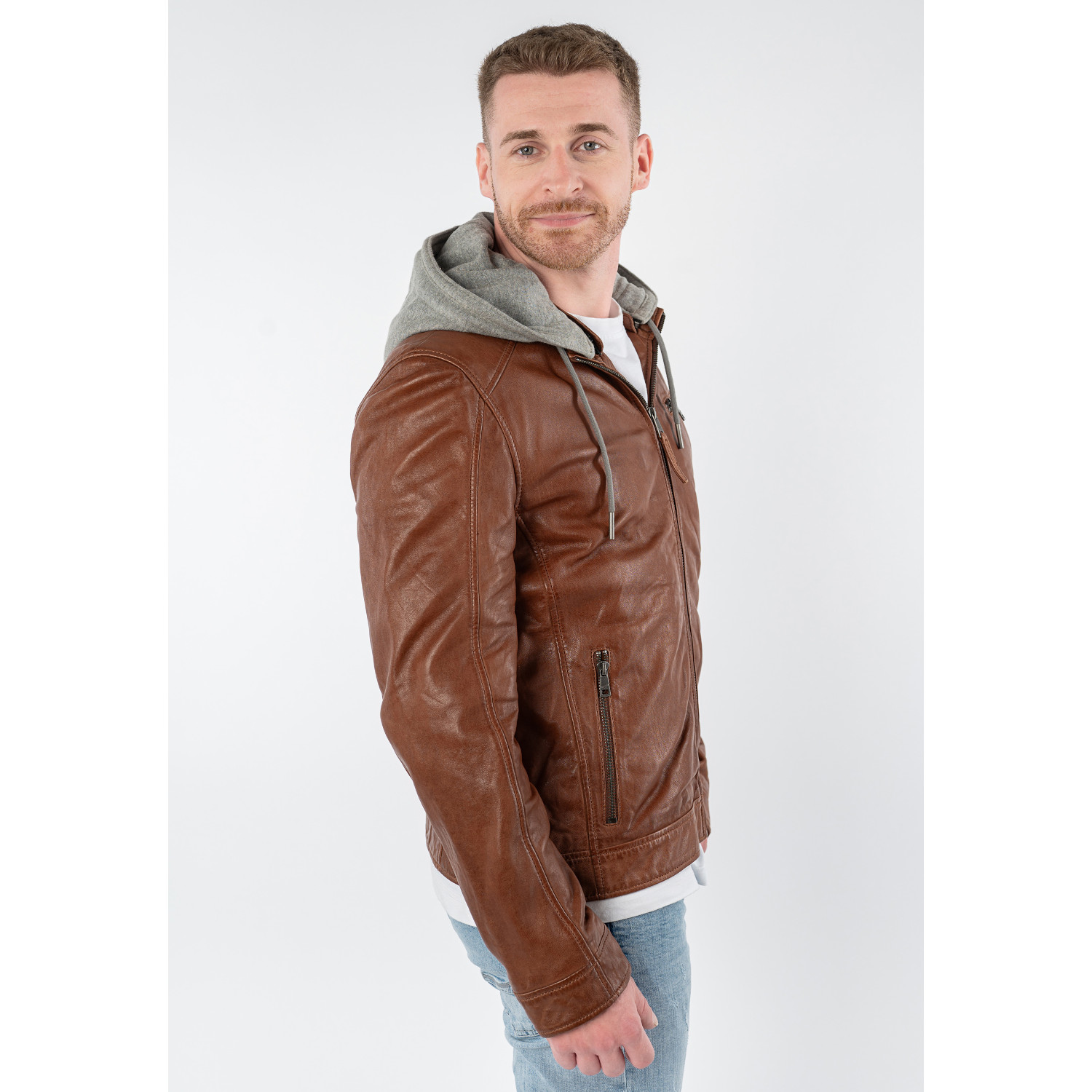 geacă de piele coniac închis bărbați Mauritius MMBarlo cu glugă detașabilă stil biker