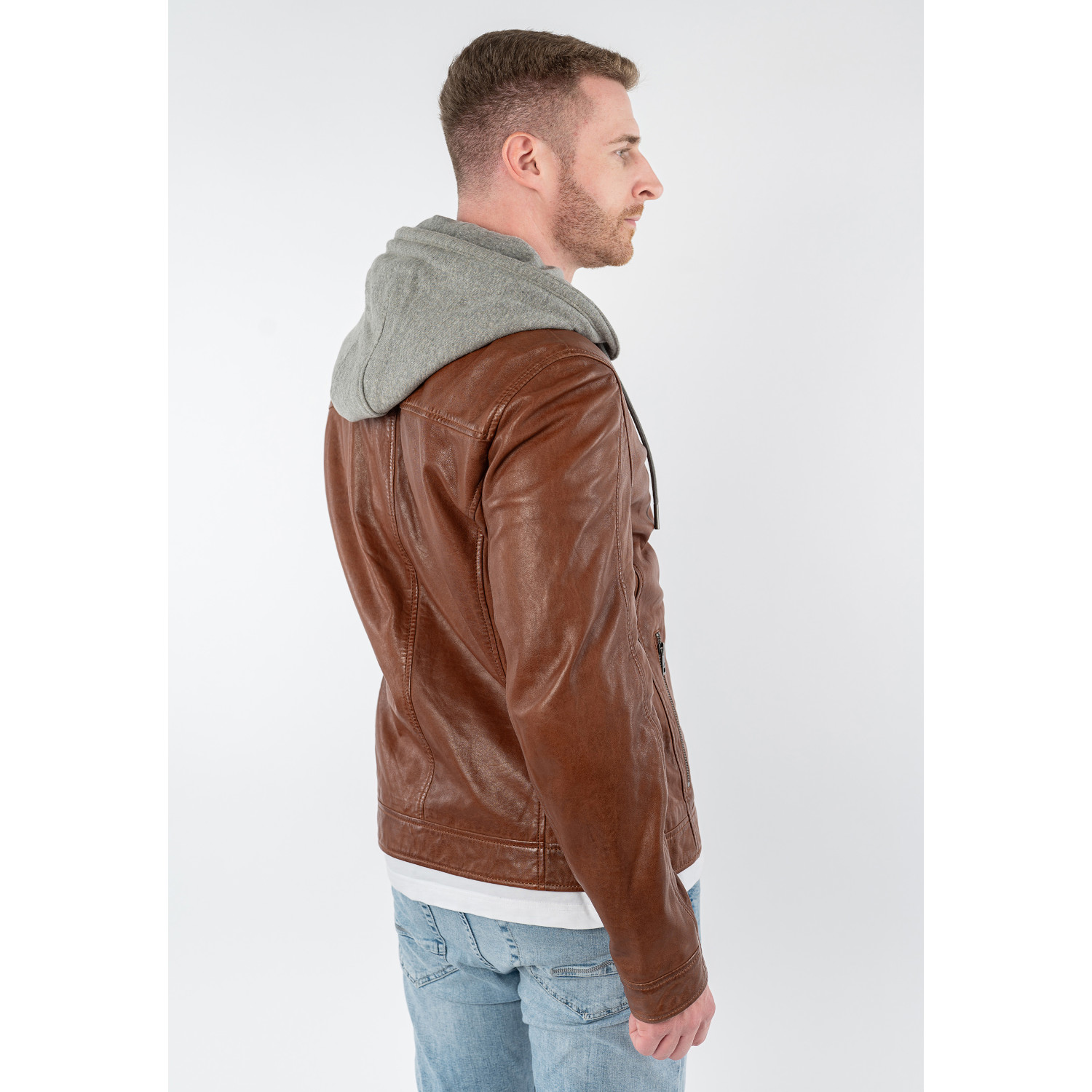 geacă de piele coniac închis bărbați Mauritius MMBarlo cu glugă detașabilă stil biker