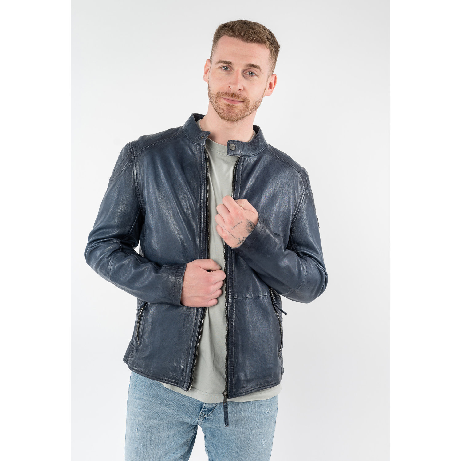 Mauritius MMBaydo - geacă de piele biker albastră pentru bărbați geacă de piele biker bărbați Mauritius MMBaydo albastră cu guler stand-up