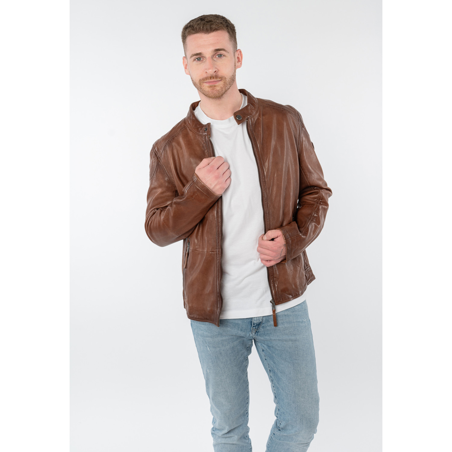 geaca de piele barbati Mauritius MMBaydo coniac regular fit stil biker