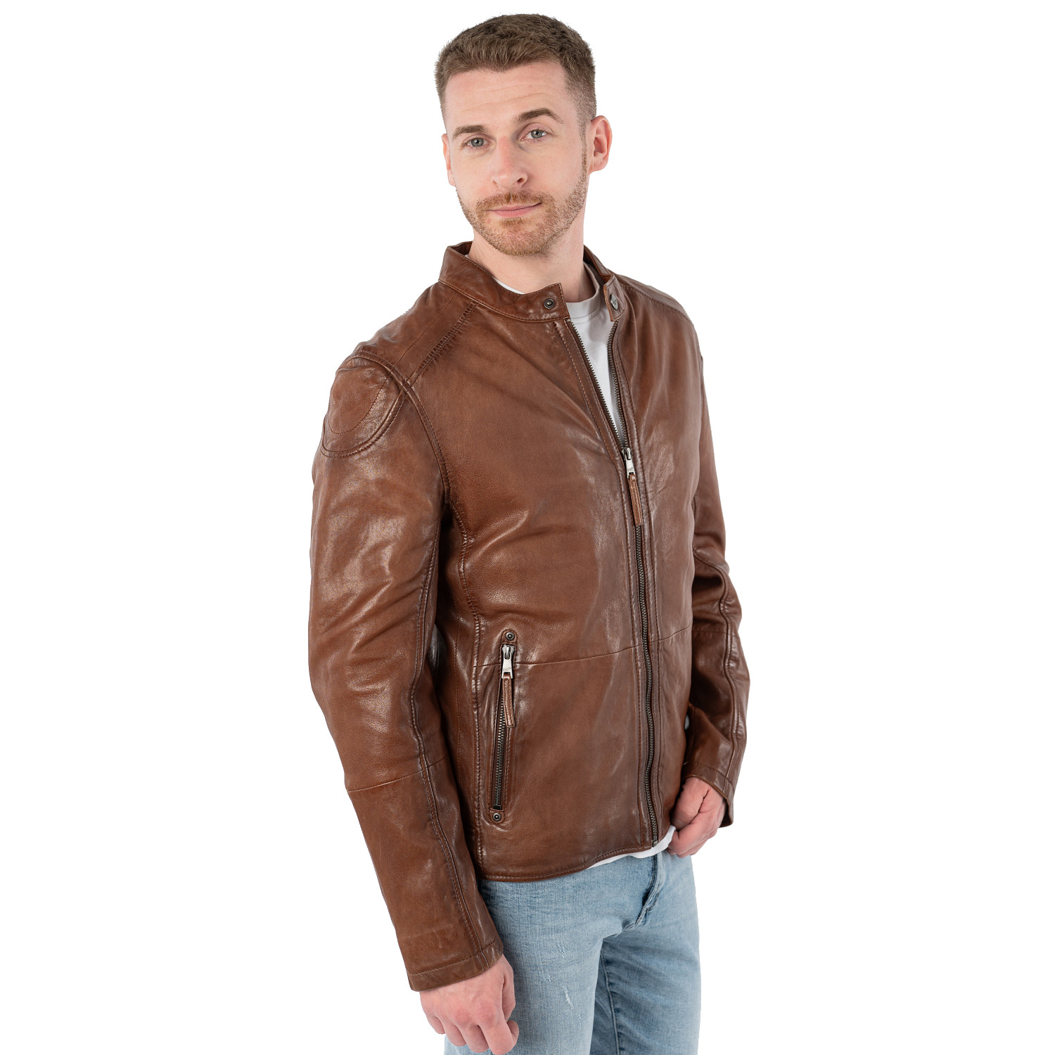 geaca de piele barbati coniac Mauritius MMBaydo regular fit stil biker geaca de piele barbati Mauritius MMBaydo coniac regular fit stil biker