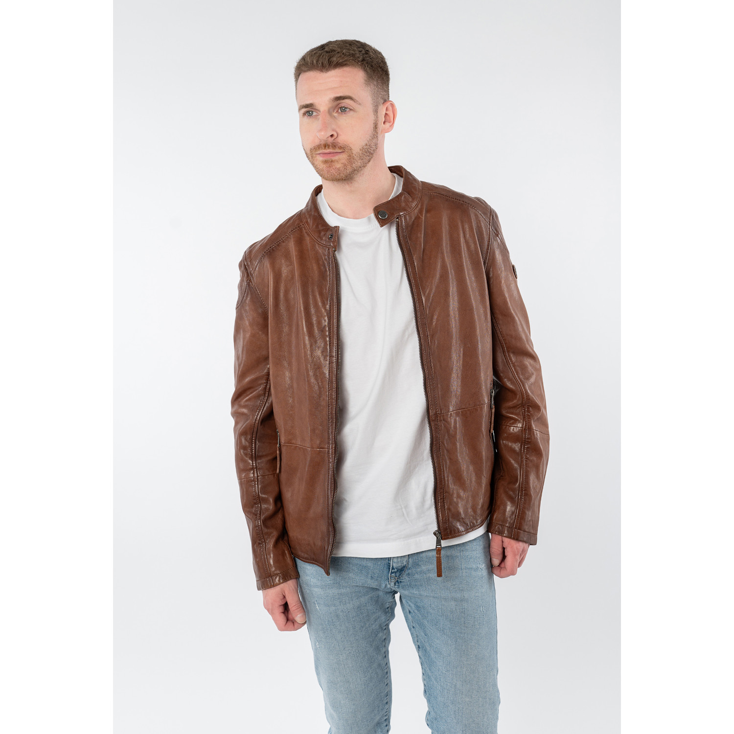 geaca de piele barbati coniac Mauritius MMBaydo regular fit stil biker geaca de piele barbati Mauritius MMBaydo coniac regular fit stil biker