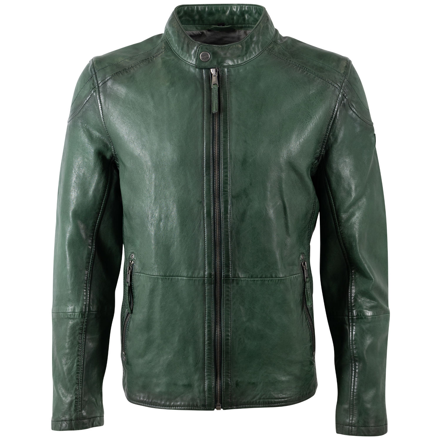 geacă biker bărbați Mauritius MMBaydo verde din piele naturală cu guler stand-up și fermoar