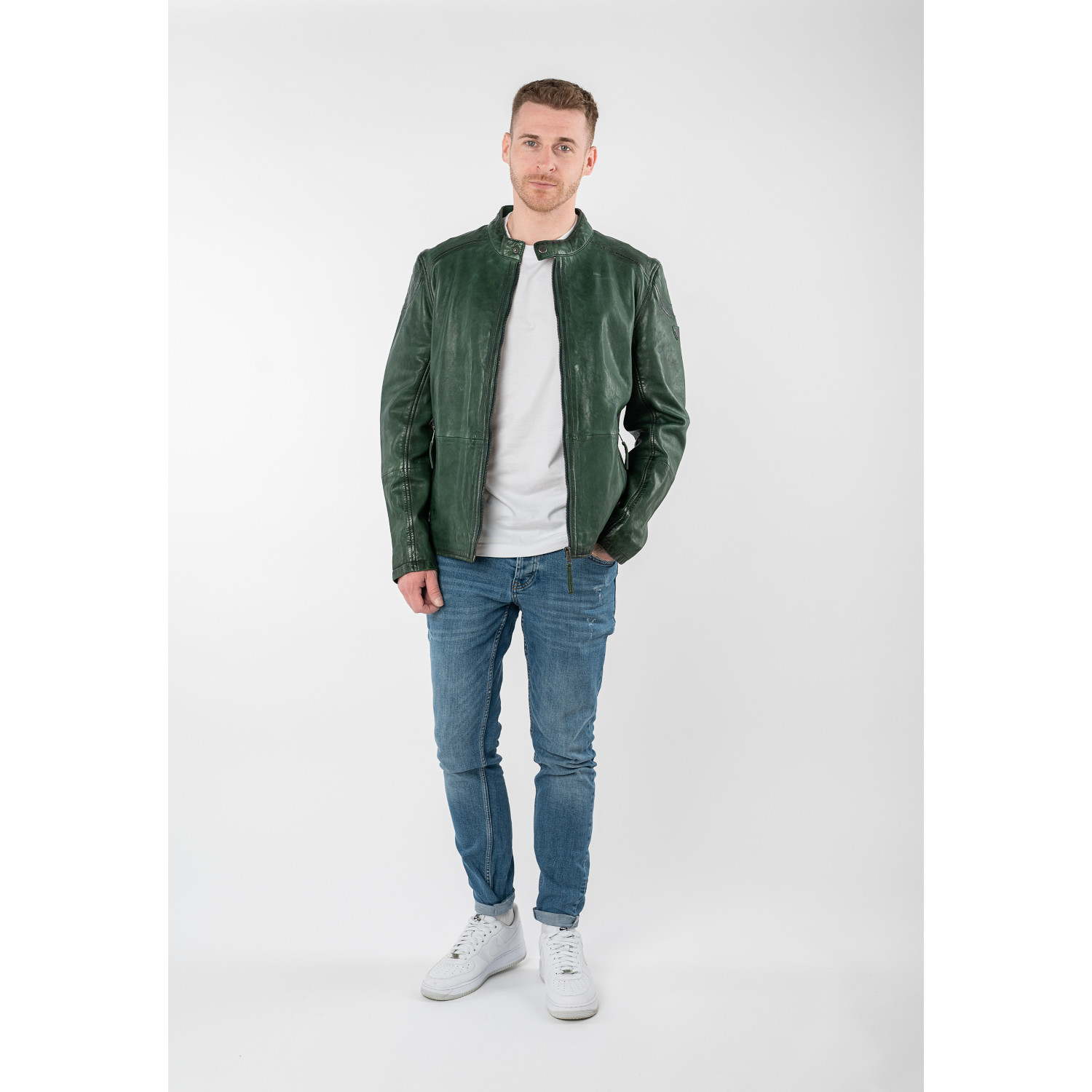 geacă biker bărbați Mauritius MMBaydo verde din piele naturală cu guler stand-up și fermoar