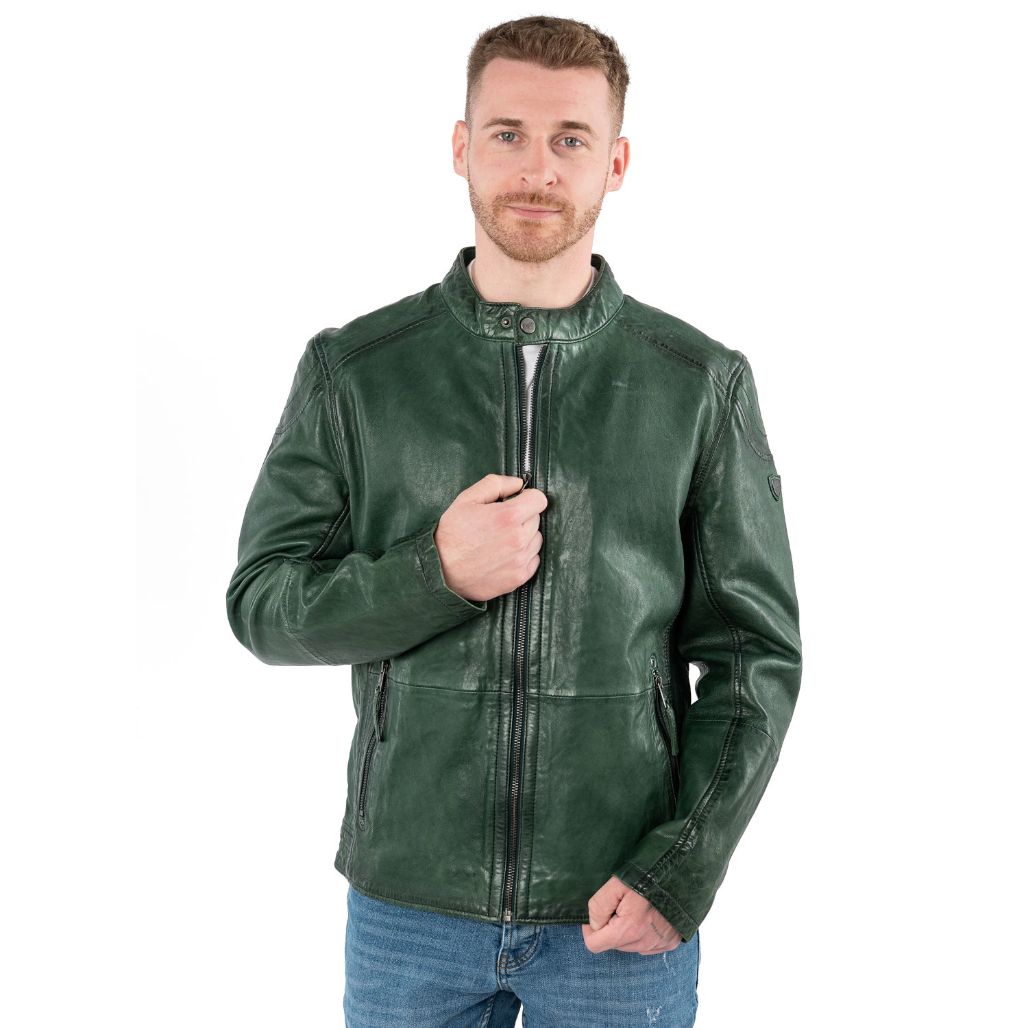 geacă biker bărbați Mauritius MMBaydo verde din piele naturală cu guler stand-up și fermoar