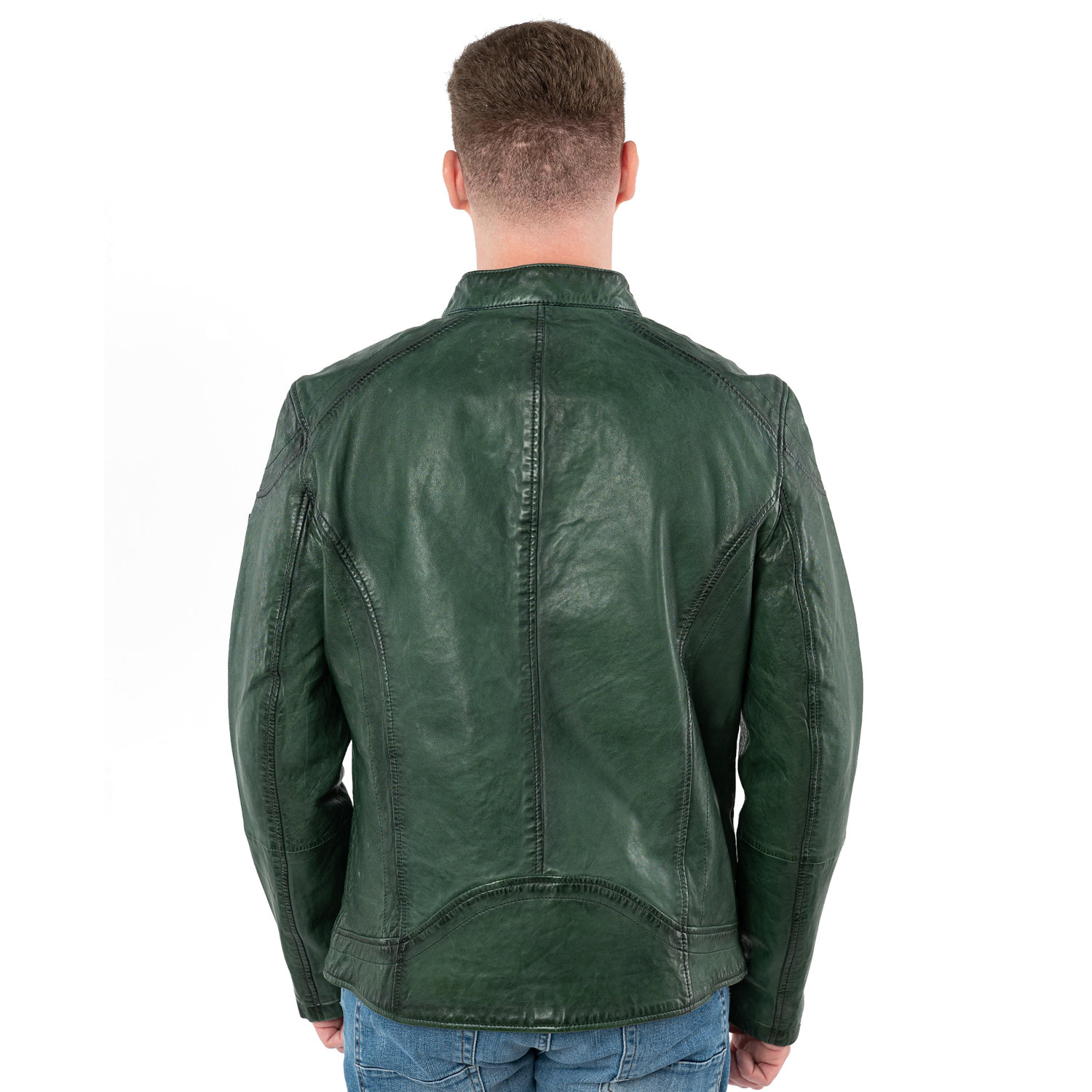 geacă biker bărbați Mauritius MMBaydo verde din piele naturală cu guler stand-up și fermoar